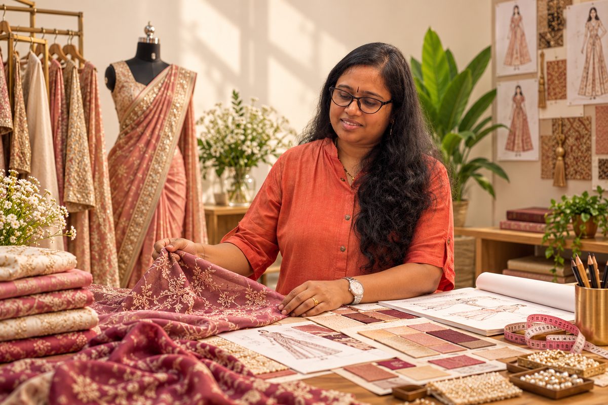 Sailakshmi reviewing fabric and design sketches at her studio table