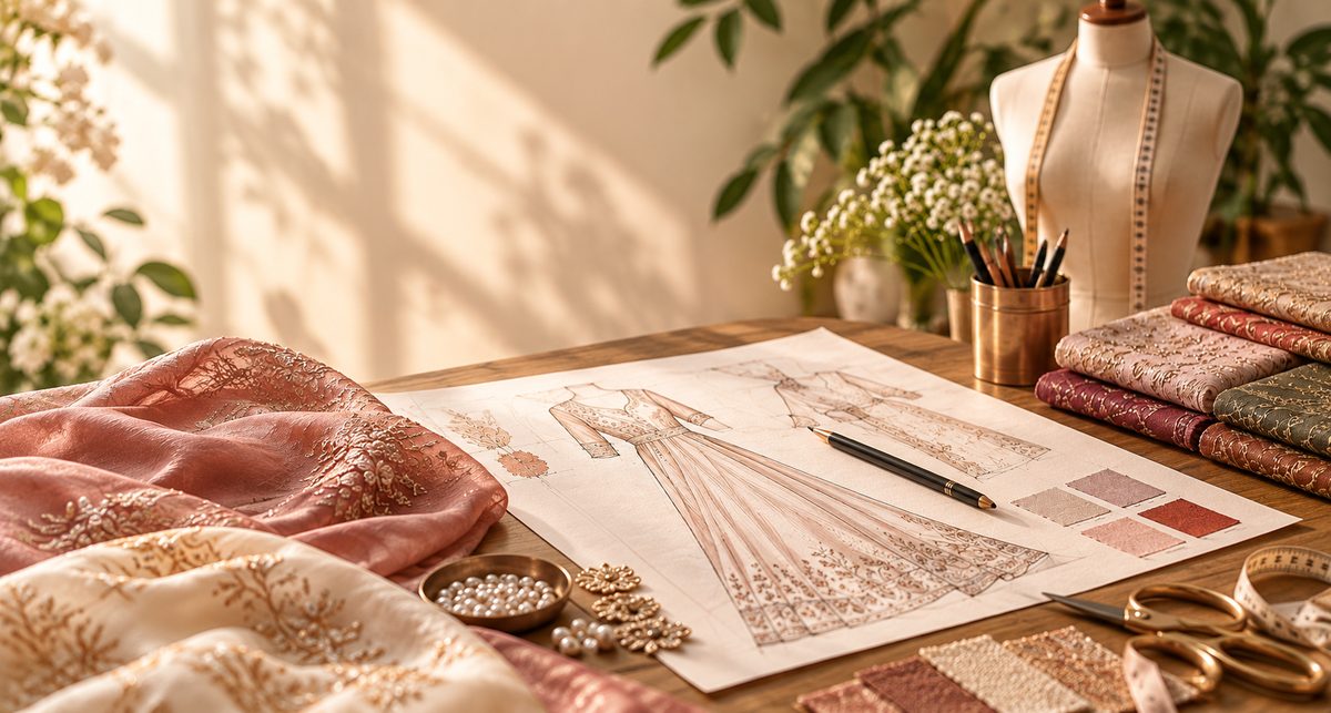 Fashion sketches and fabrics on a Savitur design table